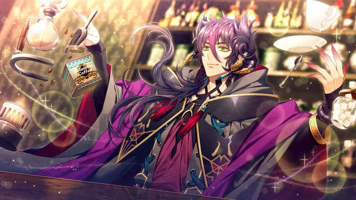 Flamboyant anime male character in purple cape conjuring floating coffee items in a magical cafe.