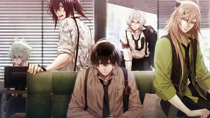 Five anime male characters in casual clothes gathered around a couch in a modern interior.
