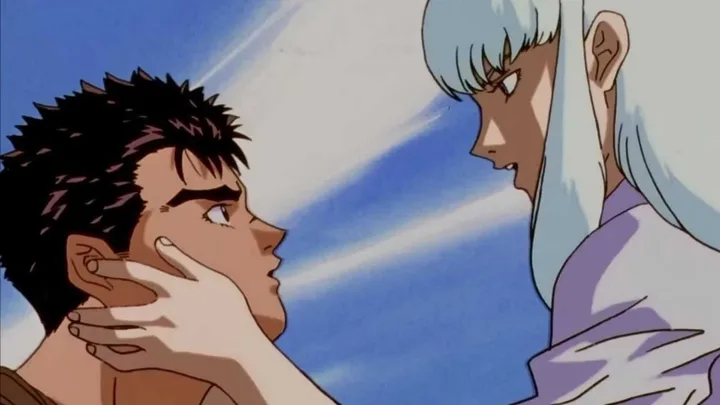 Two anime characters in a tense close-up scene, one dark-haired and one silver-haired, against a blue sky.