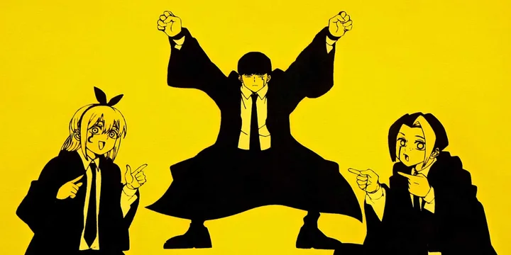 Three anime characters in black suits posed dramatically against a bold yellow background.