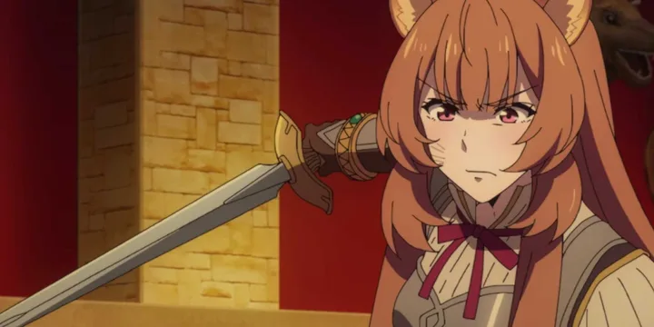Orange-haired cat-eared anime girl looking nervous as a sword is pointed at her face.