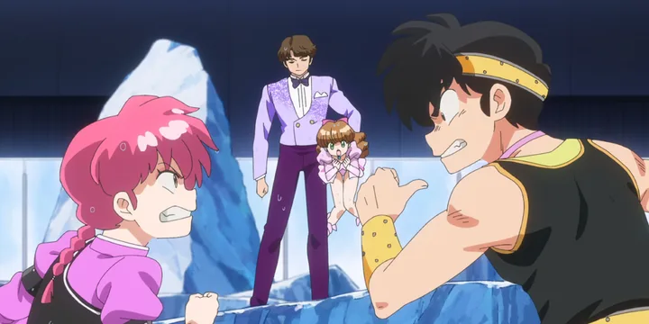 Three anime characters in a comedic confrontation scene set near icebergs with colorful outfits.