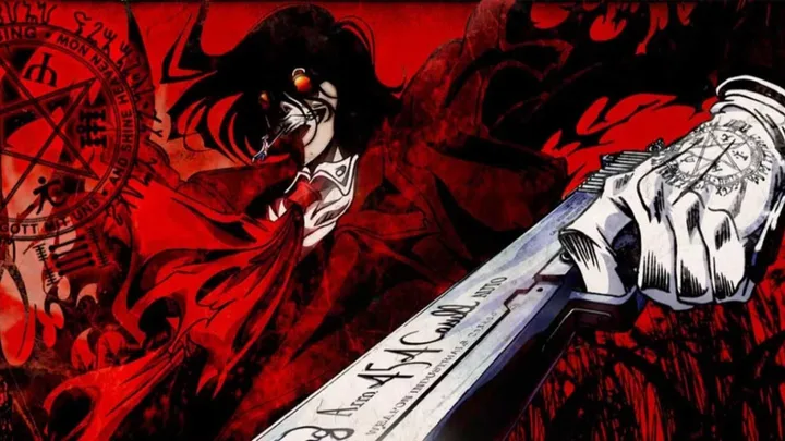 Dark, dramatic anime artwork of a long-haired villain in red wielding a massive silver gun.