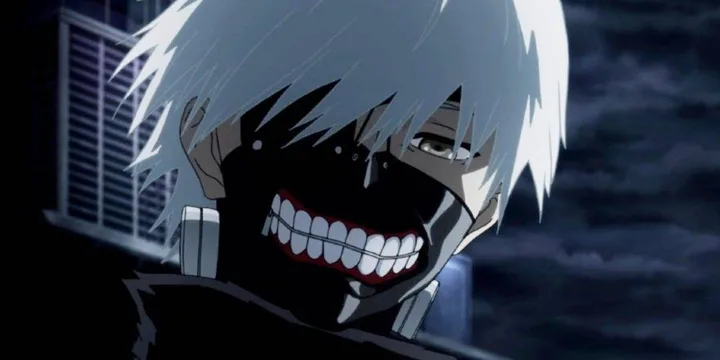 White-haired masked anime character grinning menacingly in a dark nighttime setting.