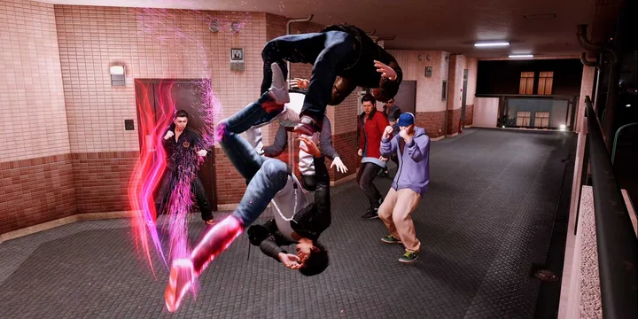 Judgment game combat scene showing a character performing an acrobatic kick in an indoor corridor with glowing effects.