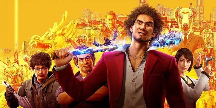 Like a Dragon Yakuza promotional art featuring the main cast on a bold yellow background with fantastical elements.