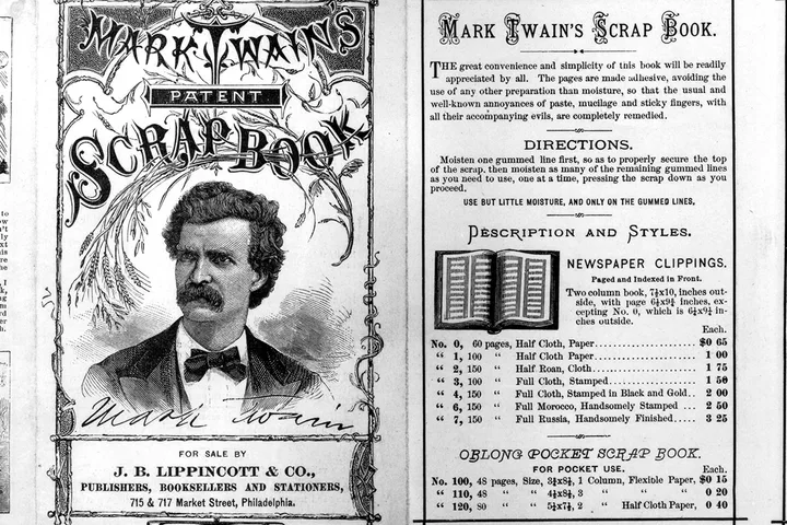 Vintage advertisement page for Mark Twain's Patent Scrap Book, published by J.B. Lippincott.