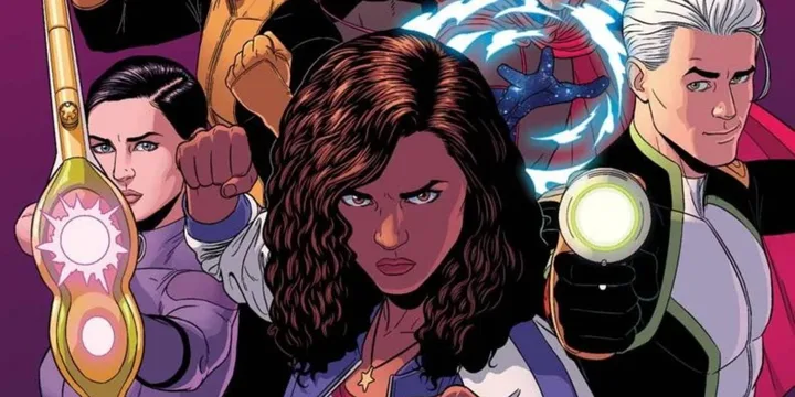Marvel comic art showing a diverse superhero team including a young woman in the center with glowing powers.