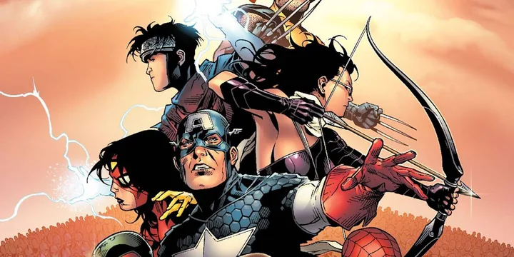 Marvel comic art depicting Captain America leading a team of superheroes including Wolverine and Spider-Man.