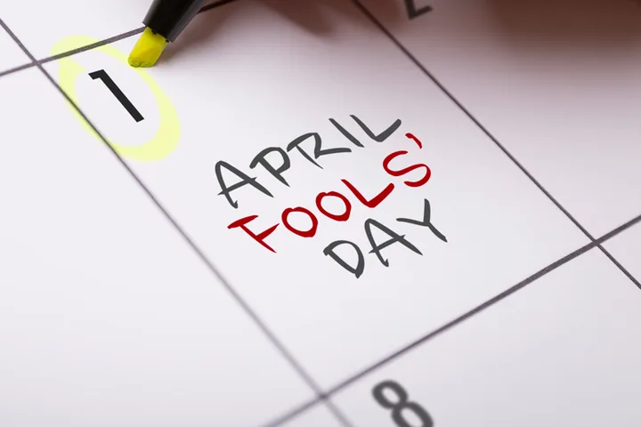 Calendar page with April 1 highlighted and 'April Fools' Day' written in marker.