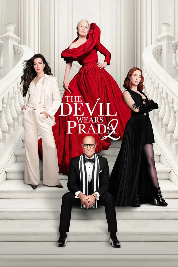 Official movie poster for The Devil Wears Prada 2 featuring four cast members on grand white stairs.