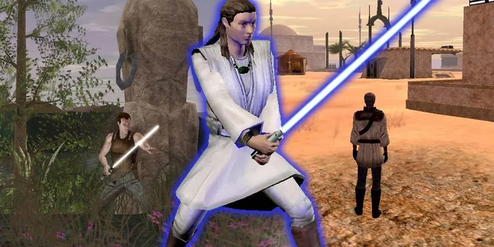 Composite of Star Wars video game characters wielding lightsabers in desert and jungle settings.