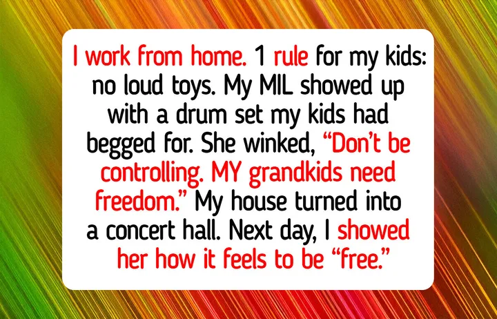 Colorful text-graphic card recounting a MIL boundary-violation story involving a drum set and working from home.