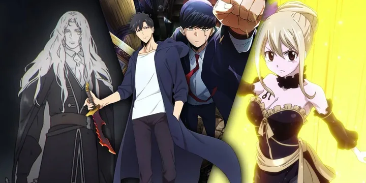 Composite of three action anime characters including a sword-wielding figure, two male protagonists, and a female warrio