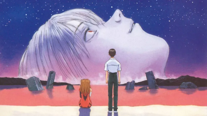 Two anime characters stand before a massive ethereal face in a surreal post-apocalyptic landscape under a starry sky.