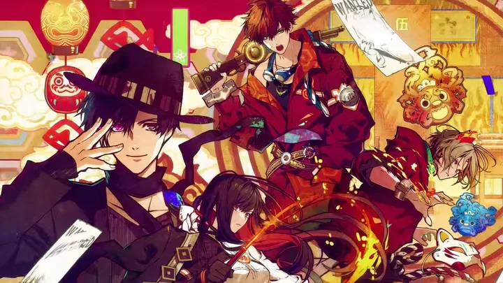 Colorful anime key art featuring four characters in a vibrant Japanese festival-themed setting.