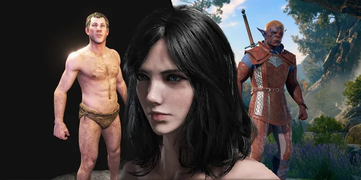 Three video game characters side by side: a primitive male, a dark-haired female, and a blue-skinned orc warrior in fant