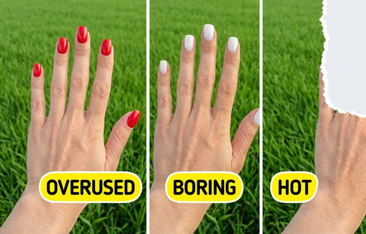 Three hands side-by-side labeled 'Overused', 'Boring', 'Hot' comparing red, white, and partially visible nail styles on