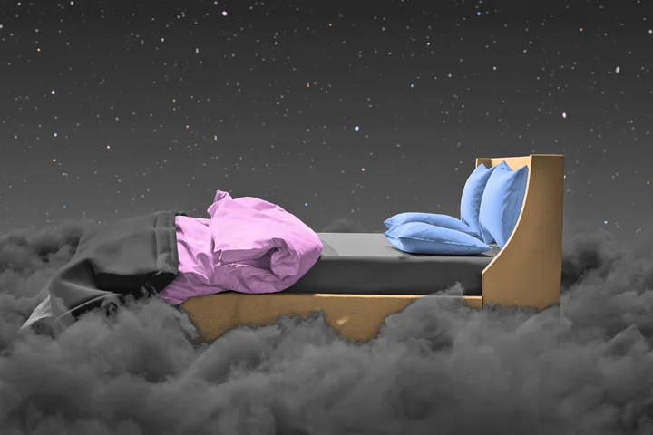 A bed floating among clouds under a starry night sky, surreal dreamlike composite image.