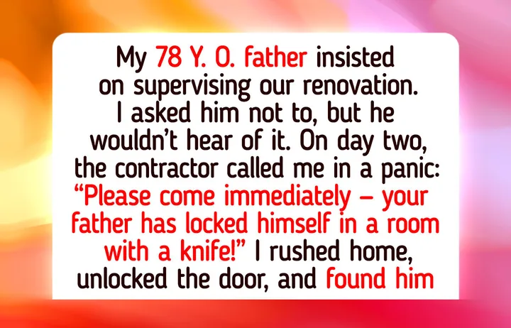 Text graphic on colorful background telling a story about a renovation gone wrong with a locked father.